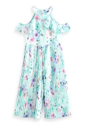 Combinaison pour filles vert menthe à épaules dénudées avec motif floral, col à volants et pantalons larges plissés.