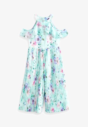 Combinaison pour filles vert menthe à épaules dénudées avec motif floral, col à volants et pantalons larges plissés.