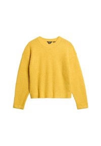 Geel geribbelde gebreide trui met lange mouwen en een ronde halslijn. Heeft een cropped snit en textielstof. Geen knopen of extra accenten.