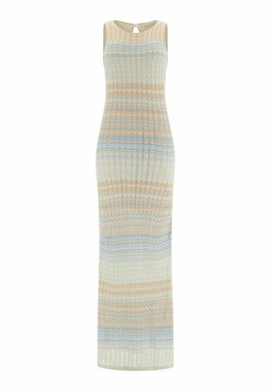Abito lungo senza maniche in maglia con righe ondulate orizzontali beige, azzurro chiaro e crema, caratterizzato da una piccola apertura a goccia con bottone sul retro.