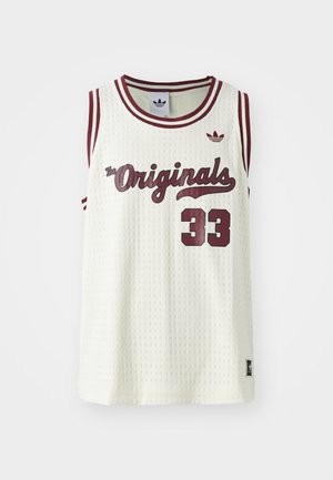 Biała sportowa koszulka bez rękawów z bordowym wykończeniem, napisem "The Originals", numerem 33 i logo Adidas z przodu.