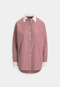 Πουκάμισο με μακριά μανίκια και κουμπιά, με κατακόρ�υφες κόκκινες και λευκές ρίγες, λευκό γιακά, λευκά μανσέτα και στρογγυλεμένο τελείωμα.