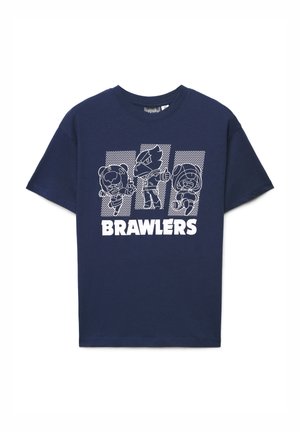 T-shirt di cotone blu navy con disegni a linee bianche di tre personaggi e la parola "BRAWLERS" in lettere maiuscole grassetto lungo il fondo.