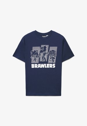 T-shirt di cotone blu navy con disegni a linee bianche di tre personaggi e la parola "BRAWLERS" in lettere maiuscole grassetto lungo il fondo.