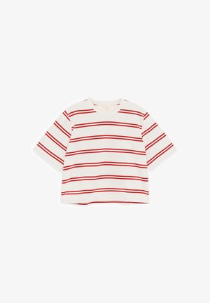 Biała koszula z krótkim rękawem z czerwonymi podwójnymi poziomymi paskami, okrągłym dekoltem i luźnym krojem.