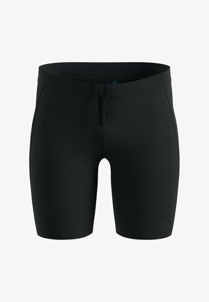 Shorts de bain noirs ajustés à longueur genou avec taille à cordon de serrage et logo subtil sur la jambe gauche.