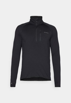 Black long-sleeve quarter-zip top with a textured fabric, featuring a high collar and a small logo on the chest.