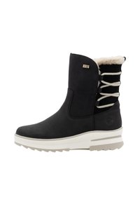 Black ankle boots with a smooth leather exterior, plush lining, and a textured knit back with white laces. Durable white rubber sole.