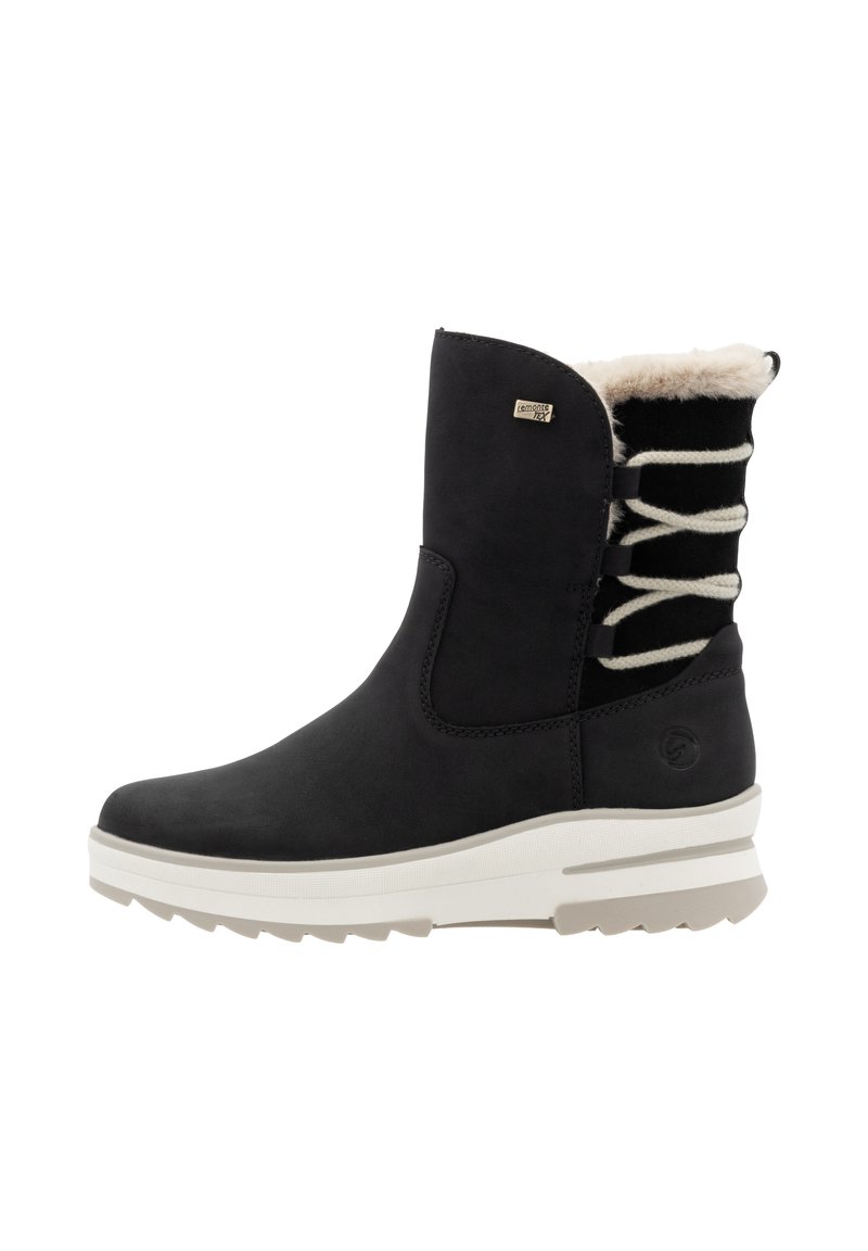 Black ankle boots with a smooth leather exterior, plush lining, and a textured knit back with white laces. Durable white rubber sole.