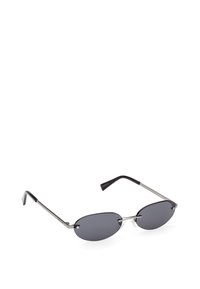 Occhiali da sole ovali con lenti grigio scuro, montatura in metallo nero e dettagli a forma di stella sulla montatura. Stanghette sottili con dettagli testurizzati.