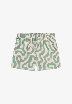 Zöld és krémszínű mintázatú fürdőnadrág, rugalmas derékkal, hullámos mintákkal és egy kis logóval a bal elülső oldalon.