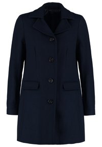 Manteau bleu marine avec un col cranté et cinq boutons sur le devant. Comprend deux poches avant et une silhouette droite.