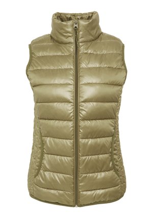 Olive green padded vest, sleeveless design, high collar, front zip closure, side pockets, smooth texture with horizontal quilted pattern.
