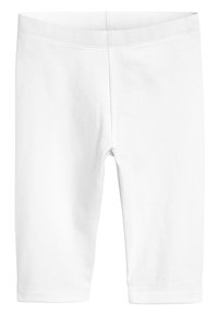 Leggings bianchi in cotone con una texture liscia, aderiscono strettamente al corpo, raggiungendo la lunghezza a metà polpaccio, con una semplice fascia elastica in vita.