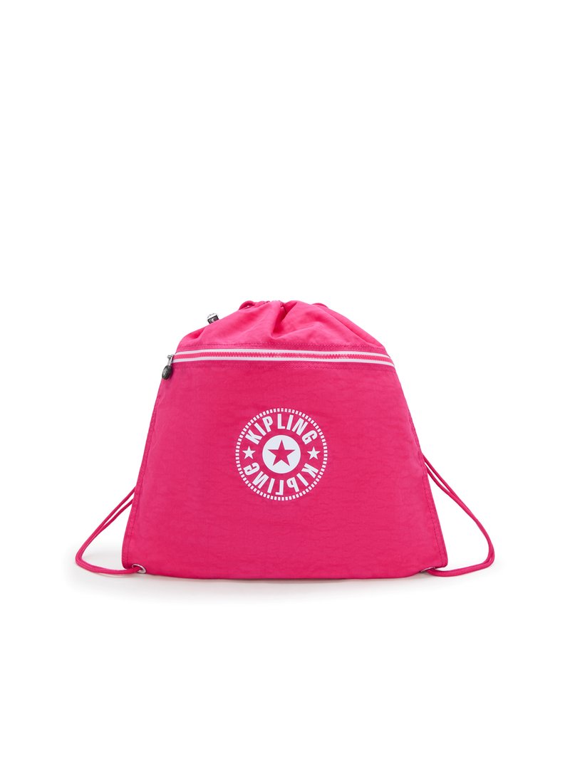Sacca rosa con cordoncino realizzata in tessuto testurizzato. Presenta un logo bianco con una stella, una tasca con zip sulla parte superiore e spallacci regolabili.