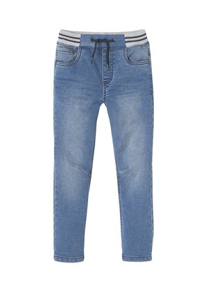 Blaue Jeans-Jogginghosen mit einem grauen gestreiften elastischen Bund, Kordelzug und zwei Fronttaschen; zeichnet sich durch eine glatte Textur und eine schmal zulaufende Passform aus.