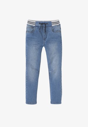 Blaue Jeans-Jogginghosen mit einem grauen gestreiften elastischen Bund, Kordelzug und zwei Fronttaschen; zeichnet sich durch eine glatte Textur und eine schmal zulaufende Passform aus.