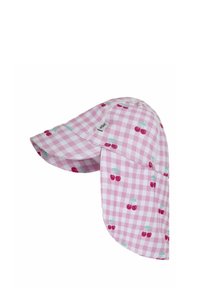 Rosa Gingham-Kappe mit Kirschmustern, einem gebogenen Schirm und verlängertem Rückenteil zum Sonnenschutz. Hergestellt aus leichtem Stoff.