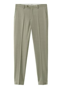 Light gray tailored dress pants with belt loops, side pockets, a front button, and a zip closure.