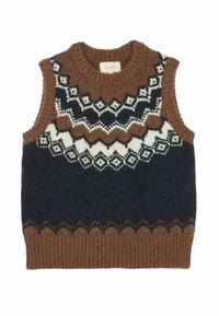 Ärmellose Strickweste mit einem geometrischen Muster in Braun, Marineblau und Creme. Rippstrickkragen und -saum, aus einem strukturierten Wollmischmaterial gefertigt.