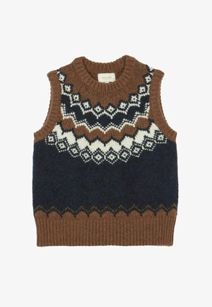 Ärmellose Strickweste mit einem geometrischen Muster in Braun, Marineblau und Creme. Rippstrickkragen und -saum, aus einem strukturierten Wollmischmaterial gefertigt.