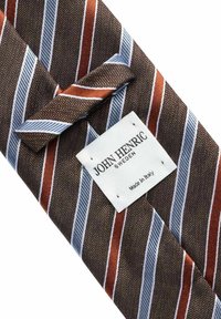 Brunrandig slips med blå och orange diagonala ränder, strukturerad tyg, och en vit etikett med "John Henric, Made in Italy."