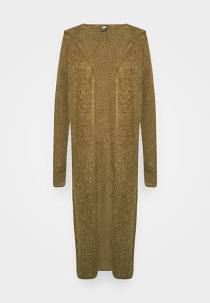 Oliivroheline pikk kardigan, avatud esiosaga disain, kudumisstruktuur, pikad varrukad, keskpõlvikute pikkus, ei ole sulgemisi ega kaunistusi.