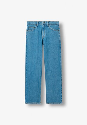 Jean denim bleu coupe droite avec fermeture à boutons et fermeture éclair à l'avant, passants pour ceinture, poches avant et arrière.