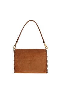 Brown suede handbag with a rectangular shape, featuring a woven edge detail and a single shoulder strap with gold hardware accents.