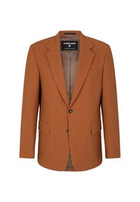 Brauner Wollblazer mit taillierter Passform, Reverskragen, zwei vorderen Taschen, Zwei-Knopf-Verschluss und glatter Innenauskleidung.