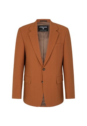 Blazer in lana marrone con vestibilità sartoriale, rever a punta, due tasche frontali, chiusura a due bottoni e rivestimento interno liscio.