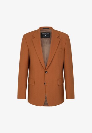 Brauner Wollblazer mit taillierter Passform, Reverskragen, zwei vorderen Taschen, Zwei-Knopf-Verschluss und glatter Innenauskleidung.