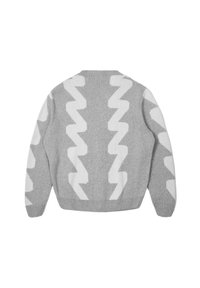 Gray knitted sweater featuring a white zigzag pattern, crew neck, and ribbed cuffs and hem. Soft texture with a medium thickness.