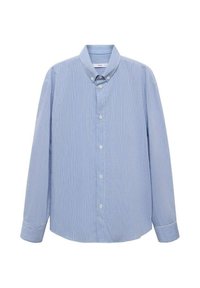 Light blue striped long-sleeve shirt with a button-down collar, featuring a straight hem and six-button front placket. Soft fabric texture.