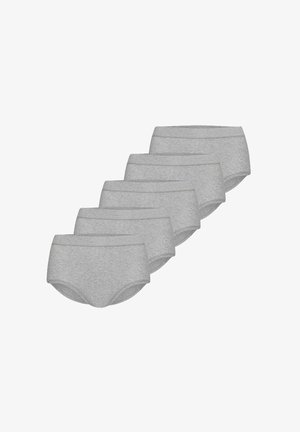 Six gray cotton brief-style underwear arranged in a descending diagonal row on a white background.