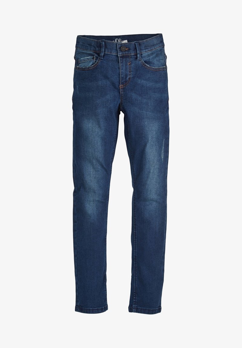 Jeans slim-fit en denim bleu avec poches avant, passants pour ceinture et fermeture par bouton, présentant une légère décoloration et un petit détail usé sur une jambe.