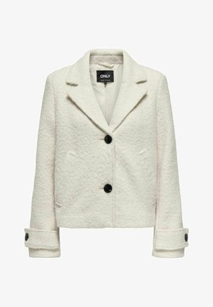 Casaco cropped branco em mistura de lã com acabamento texturizado, botões pretos e lapela em pico; apresenta dois bolsos frontais e detalhes nos punhos.