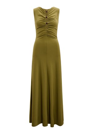 Αμάνικο μακρύ φόρεμα σε ελιά πράσινο με ζαρώματα στο μπροστινό μέρος και τρία σκούρα κουμπιά κατά μήκος της μέσης του μπούστου.