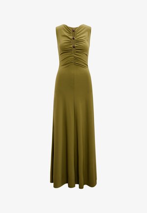 Αμάνικο μακρύ φόρεμα σε ελιά πράσινο με ζαρώματα στο μπροστινό μέρος και τρία σκούρα κουμπιά κατά μήκος της μέσης του μπούστου.