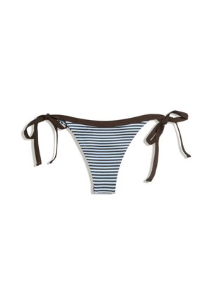 Blue and brown striped bikini bottom with brown side ties on white background.