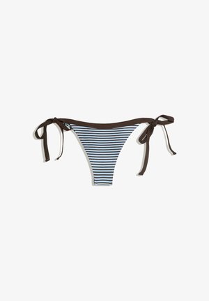 Blue and brown striped bikini bottom with brown side ties on white background.