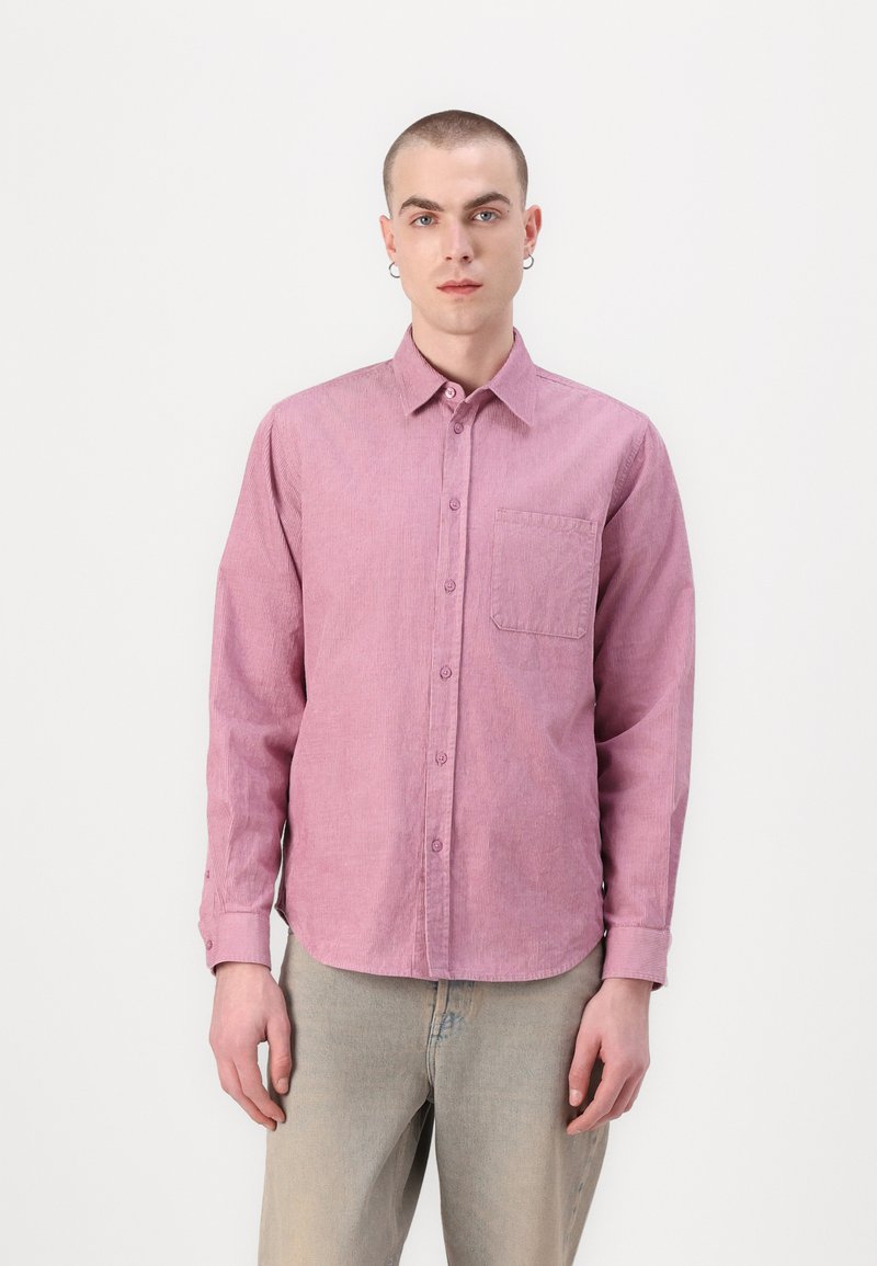 Pink long-sleeve button-up shirt with a chest pocket, made of lightweight fabric, featuring a subtle texture and classic collar design.
