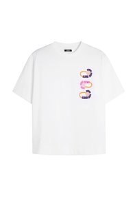 Biała bawełniana koszulka z krótkim rękawem, z wielokolorowymi haftowanymi agrafkami ułożonymi w pionie z przodu.