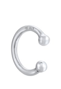 Anello aperto in argento sterling a forma di "C" con due estremità sferiche, finitura lucida, contrassegnato con "925" per il contenuto di argento.