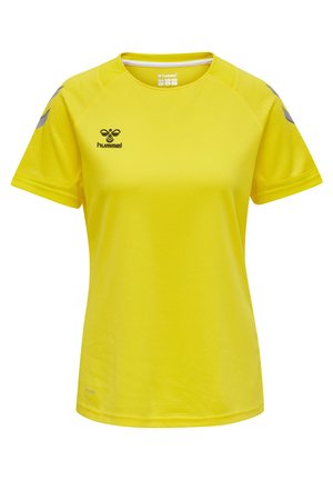 Gelbes Kurzarmtrikot aus atmungsaktivem Material. Mit Rundhalsausschnitt, grauen Akzentmustern an den Ärmeln und einem Logo auf der Brust.