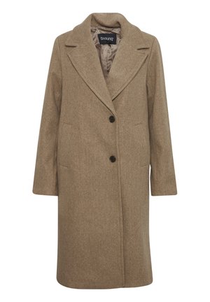 Manteau en mélange de laine marron avec un revers cranté, deux boutons, poches latérales et une texture douce. Mi-long avec une coupe droite.