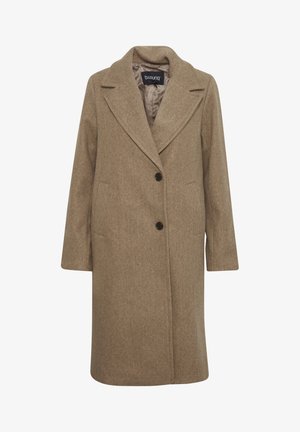 Manteau en mélange de laine marron avec un revers cranté, deux boutons, poches latérales et une texture douce. Mi-long avec une coupe droite.