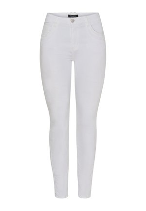 Hvide, slim-fit damejeans med forlommer og en hjerteformet knaplukning, vist på en ensfarvet baggrund.