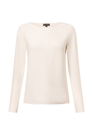 Weißer Langarm-Strickpullover mit Boot-Ausschnitt, strukturiertem Muster und geradem Saum. Etikett am Hals mit Markennamen sichtbar.