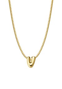 Zlato obarvana ovratnica z elegantnim U-oblikovanim obeskom na tankem kvadratnem verižniku. Gladka površina z brušeno obdelavo.